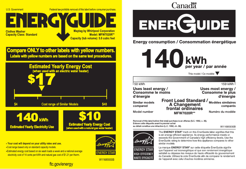 Page 1 de la notice Label énergétique Maytag MFW7020RW