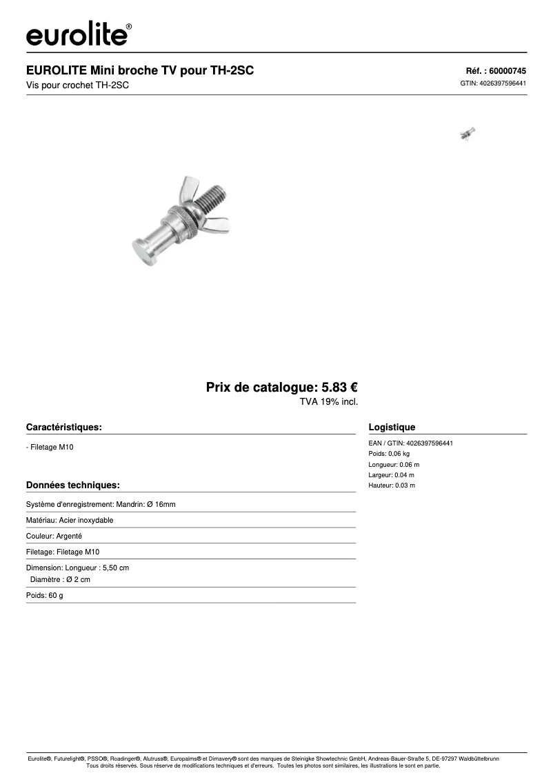 Page 1 de la notice Fiche technique Eurolite TH-2SC