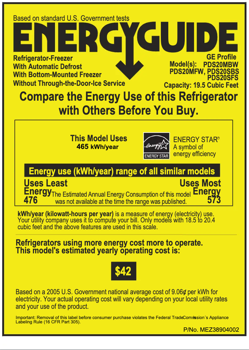Page n°1 - Label énergétique GE Profile PDS20MFWCC