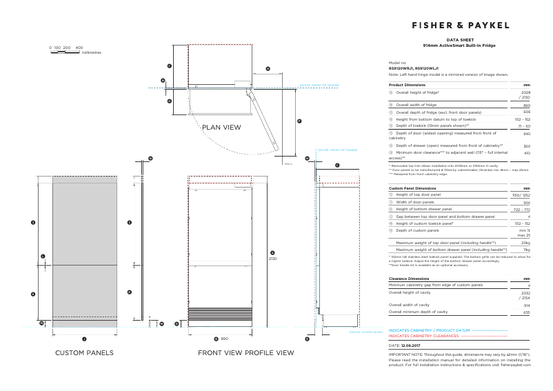 Page 1 de la notice Fiche technique Fisher & Paykel RS9120WLJ2