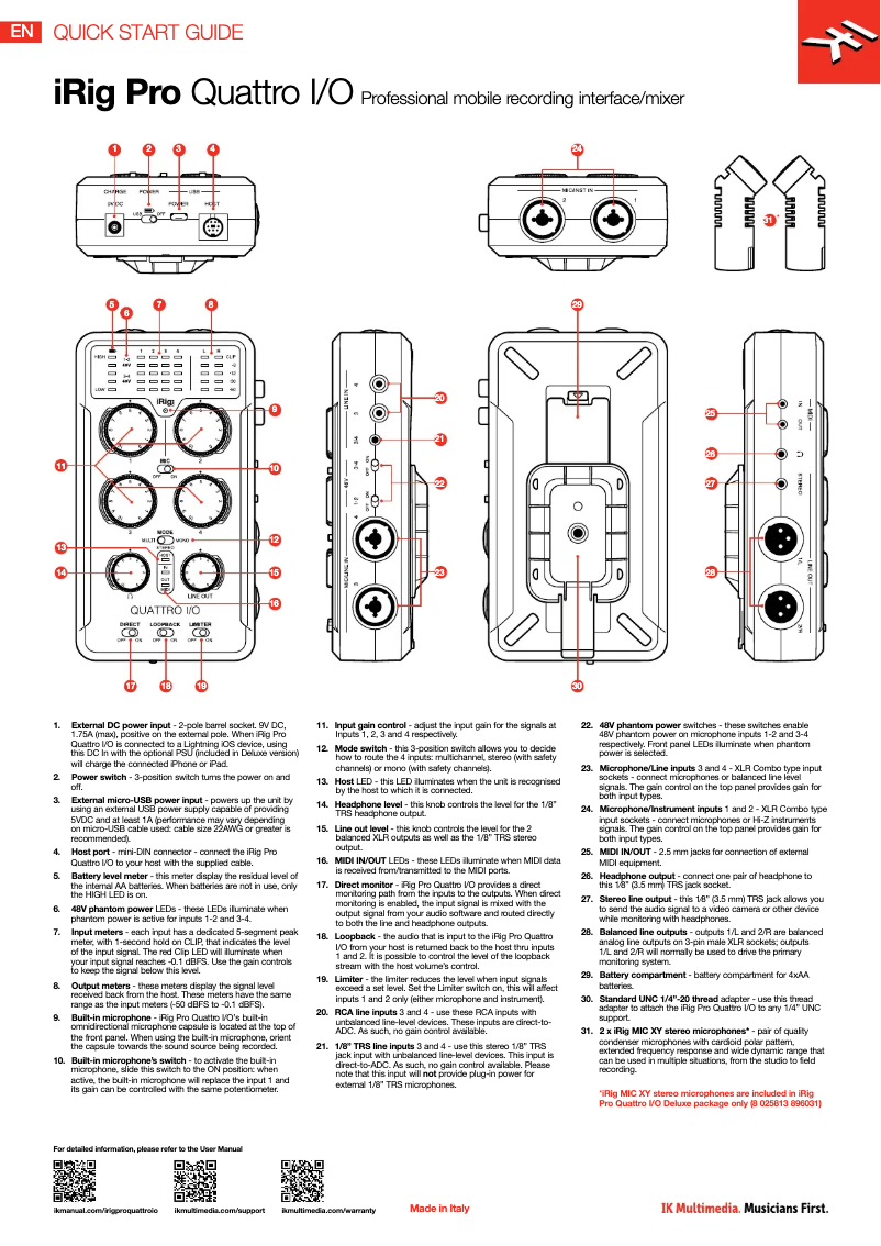 Page 1 de la notice Guide de démarrage rapide IK Multimedia iRig Pro Quattro I/O