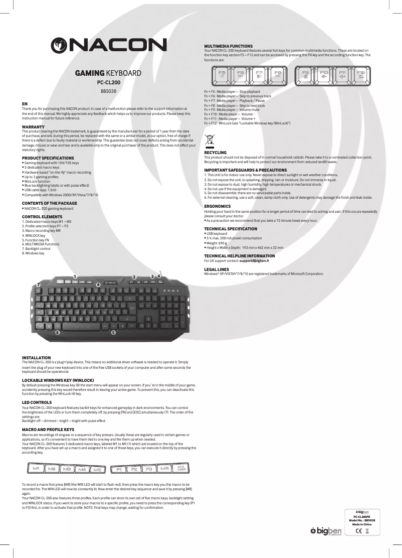 Page 1 de la notice Manuel utilisateur NACON PCCL-200US