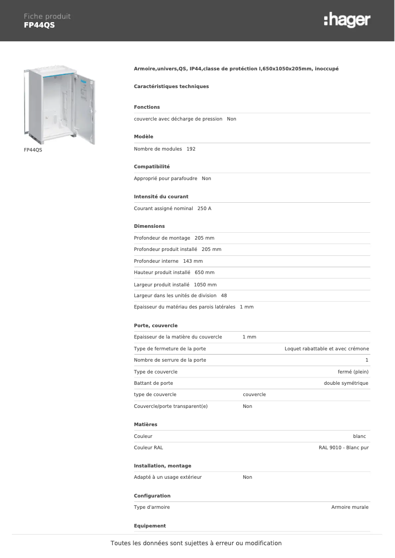 Page 1 de la notice Manuel utilisateur Hager FP44QS