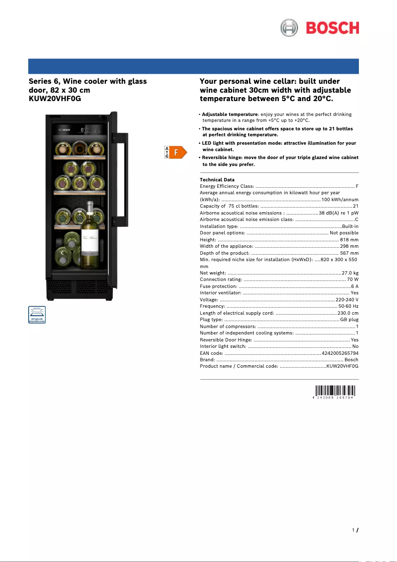 Page 1 of the manual Technical Sheet Bosch KUW20VHF0G