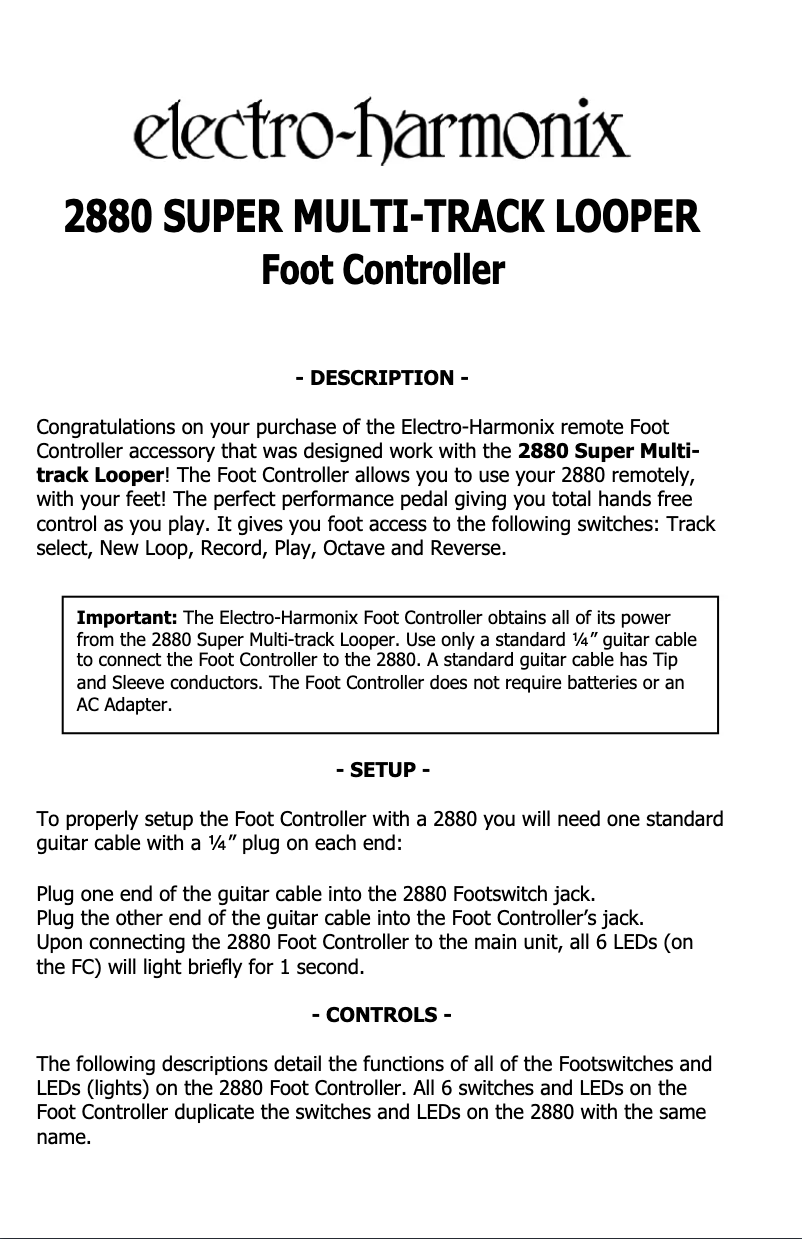 Page 1 de la notice Manuel utilisateur Electro Harmonix 2880 Foot Controller