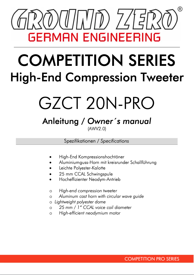 Page 1 of the manual User Manual Ground Zero GZCT 20N-PRO