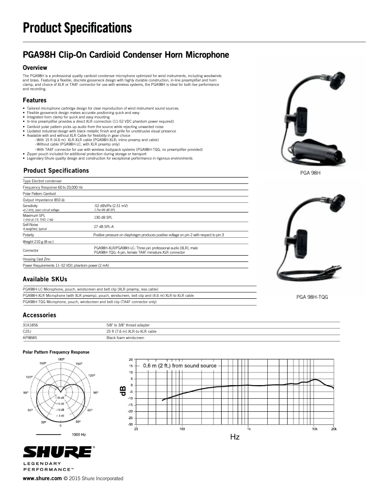 Página 1 del manual Ficha técnica Shure PGA98H-TQG