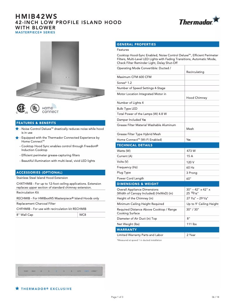 Página 1 del manual Ficha técnica Thermador HMIB42WS