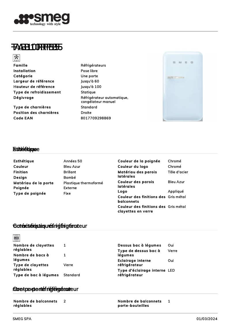 Page 1 de la notice Fiche technique Smeg FAB10RPB5
