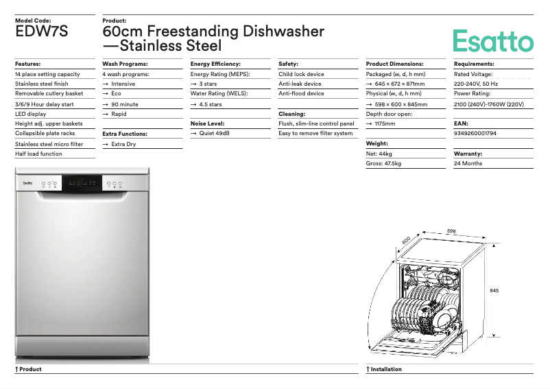 Page 1 de la notice Fiche technique Esatto EDW7S