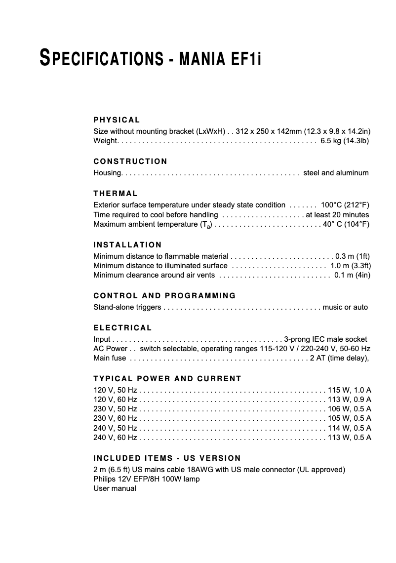 Page n°1 - Fiche technique Martin Mania EF1i