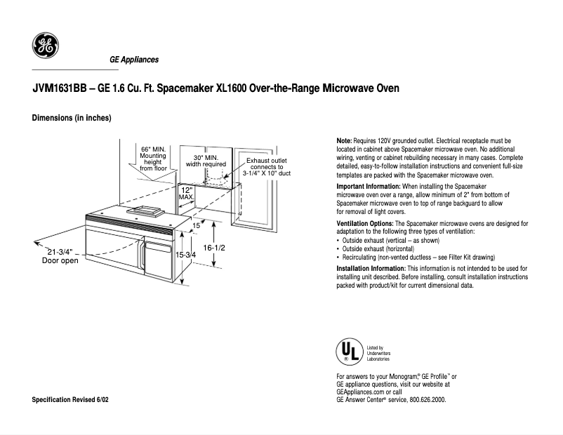 Page n°1 - Fiche technique GE JVM1631BB