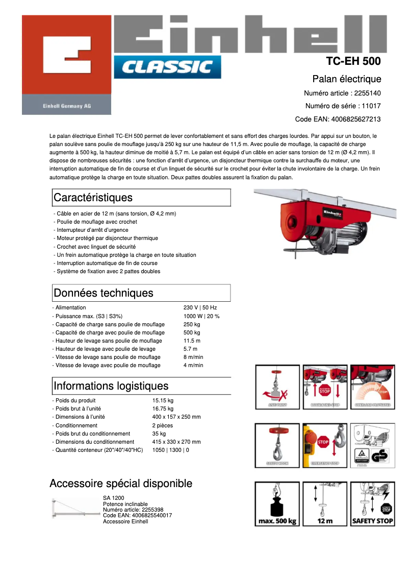 Page 1 de la notice Fiche technique Einhell TC-EH 500