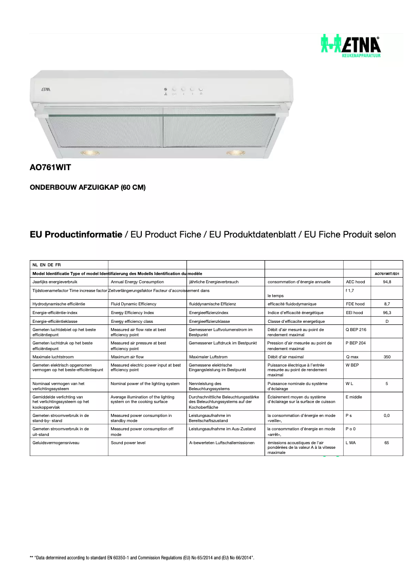 Page 1 de la notice Fiche technique Etna AO761WIT