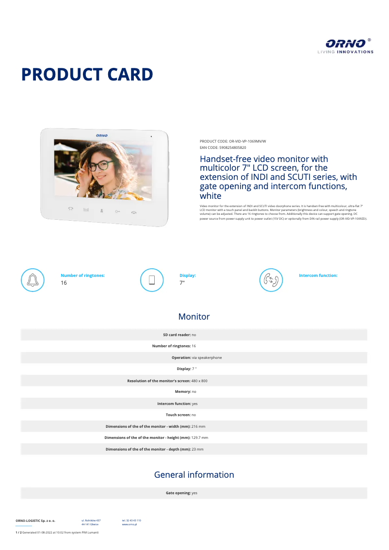 Page 1 de la notice Fiche technique ORNO OR-VID-VP-1069MV/W