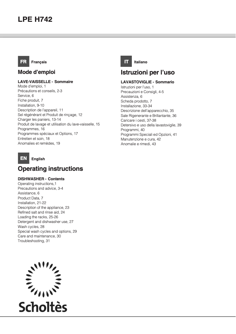 Page 1 de la notice Manuel utilisateur Scholtès LPE H742