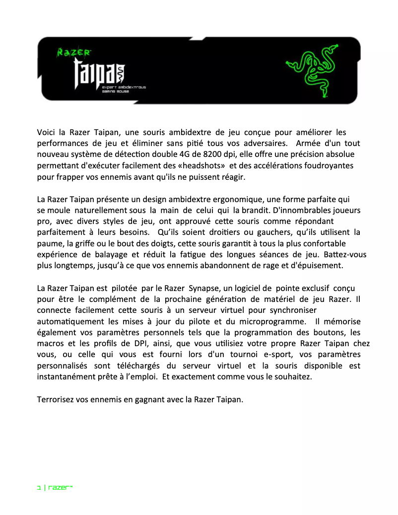 Page 1 de la notice Manuel utilisateur Razer Taipan