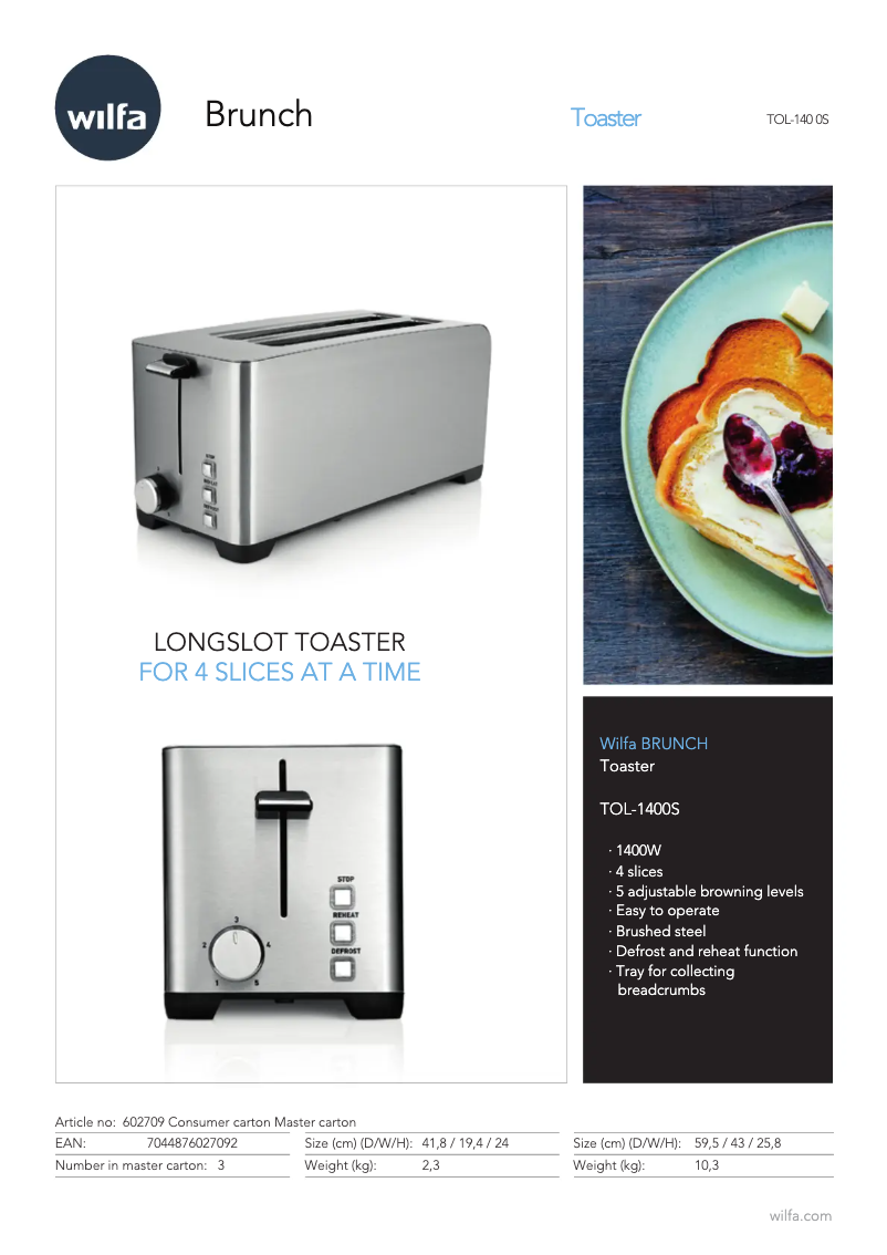 Page 1 de la notice Fiche technique Wilfa Brunch TOL-1400S