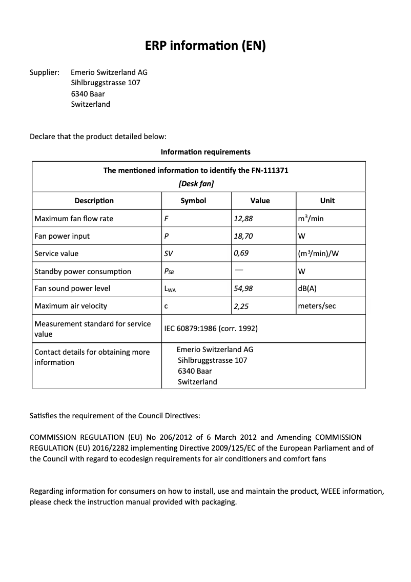 Page n°1 - Fiche technique Emerio FN-111371
