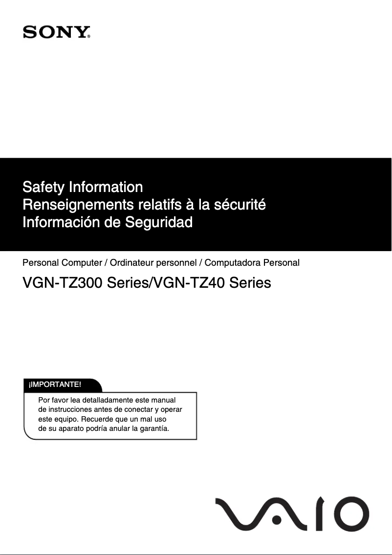 Page 1 de la notice Instructions de sécurité Sony Vaio VGN-TZ390