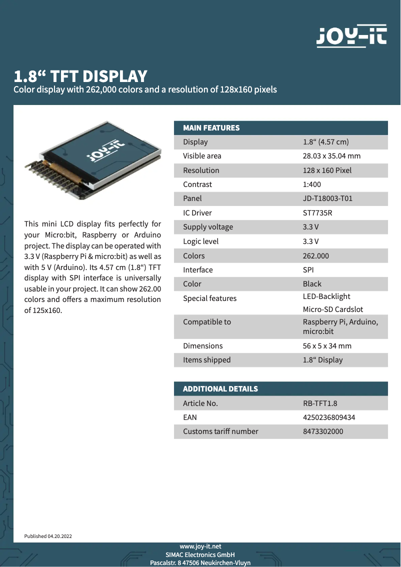 Image de la première page du manuel de l'appareil RB-TFT1.8