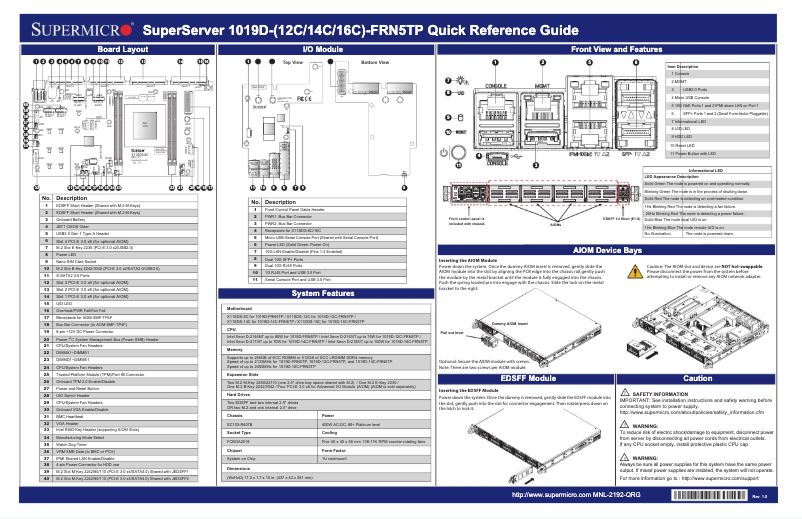 Page 1 de la notice Guide de démarrage rapide Supermicro SuperServer 1019D-16C-FRN5TP