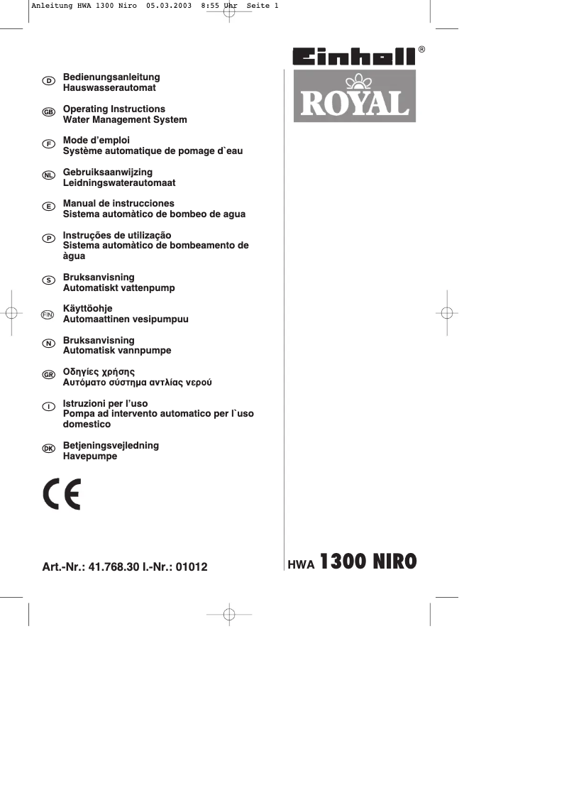 Page n°1 - Manuel utilisateur Einhell Royal HWA 1300 Niro