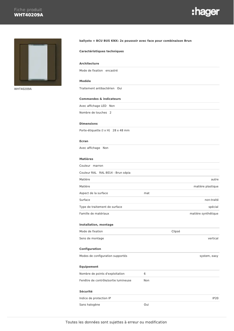 Page n°1 - Fiche technique Hager WHT40209A