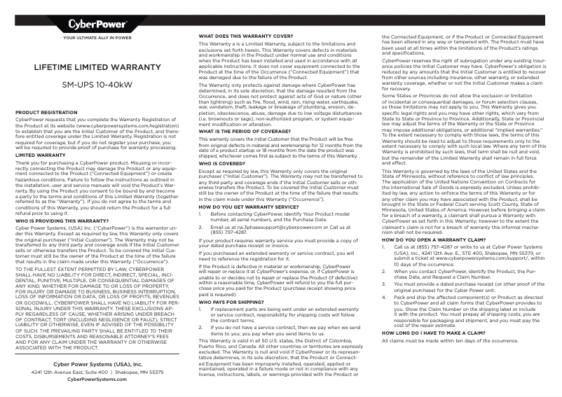 Page n°1 - Informations de garantie CyberPower SM020KAMFA