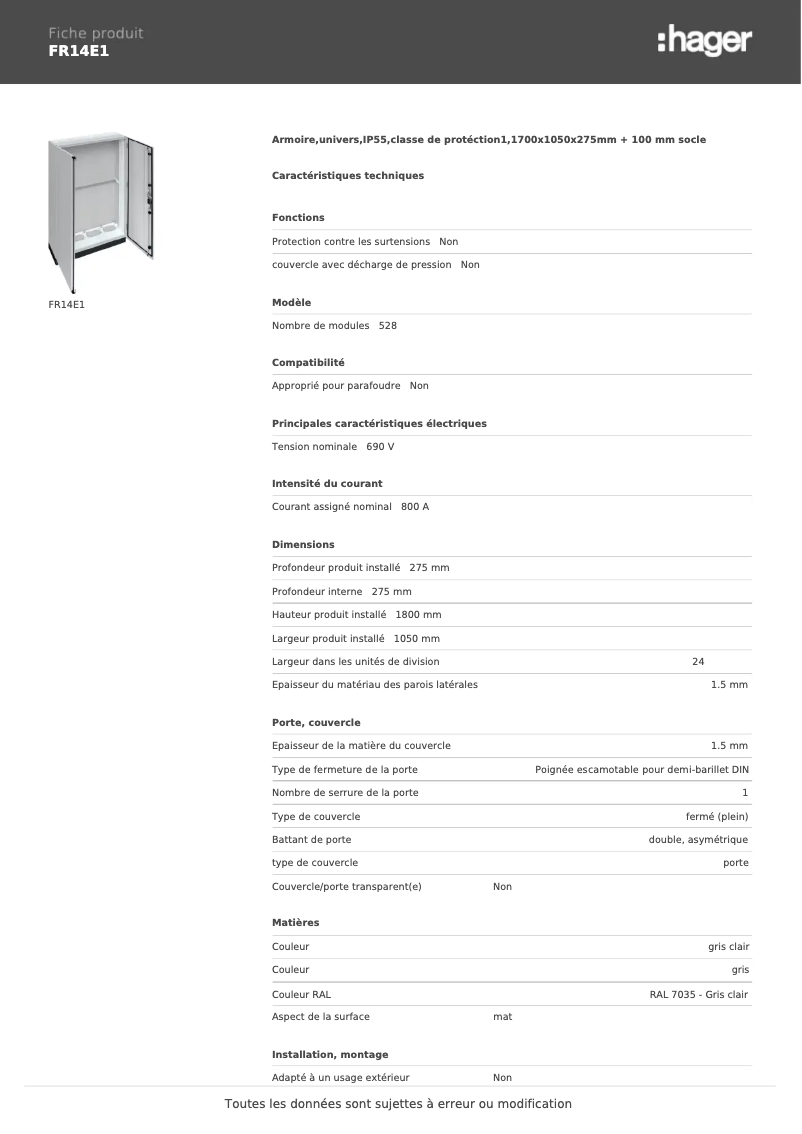 Page n°1 - Fiche technique Hager FR14E1