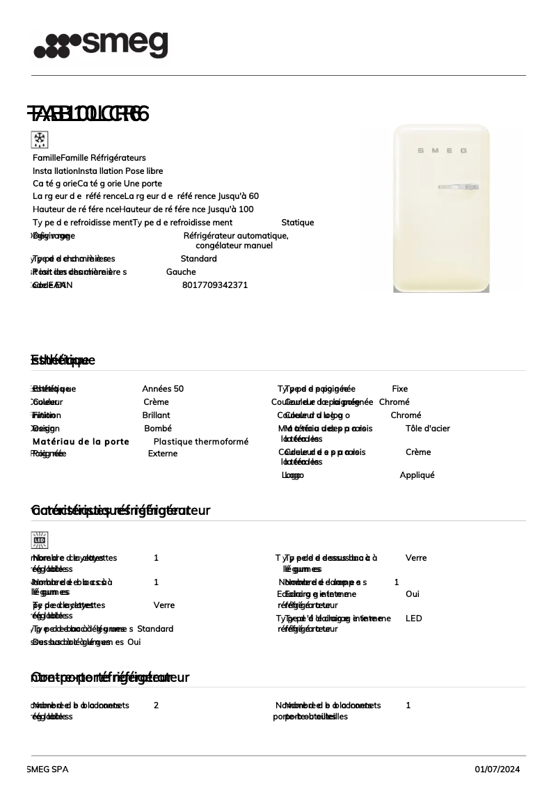 Page 1 de la notice Fiche technique Smeg FAB10LCR6