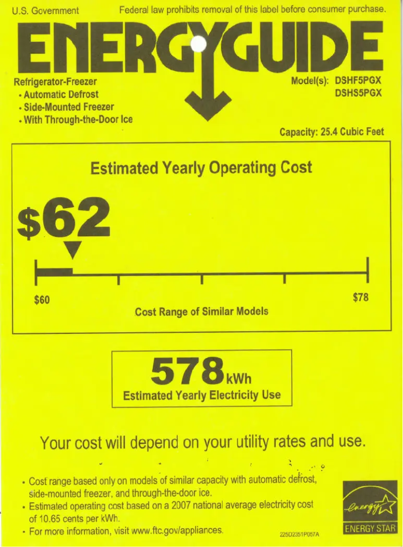 Page 1 de la notice Label énergétique GE Adora DSHF5PGXBB