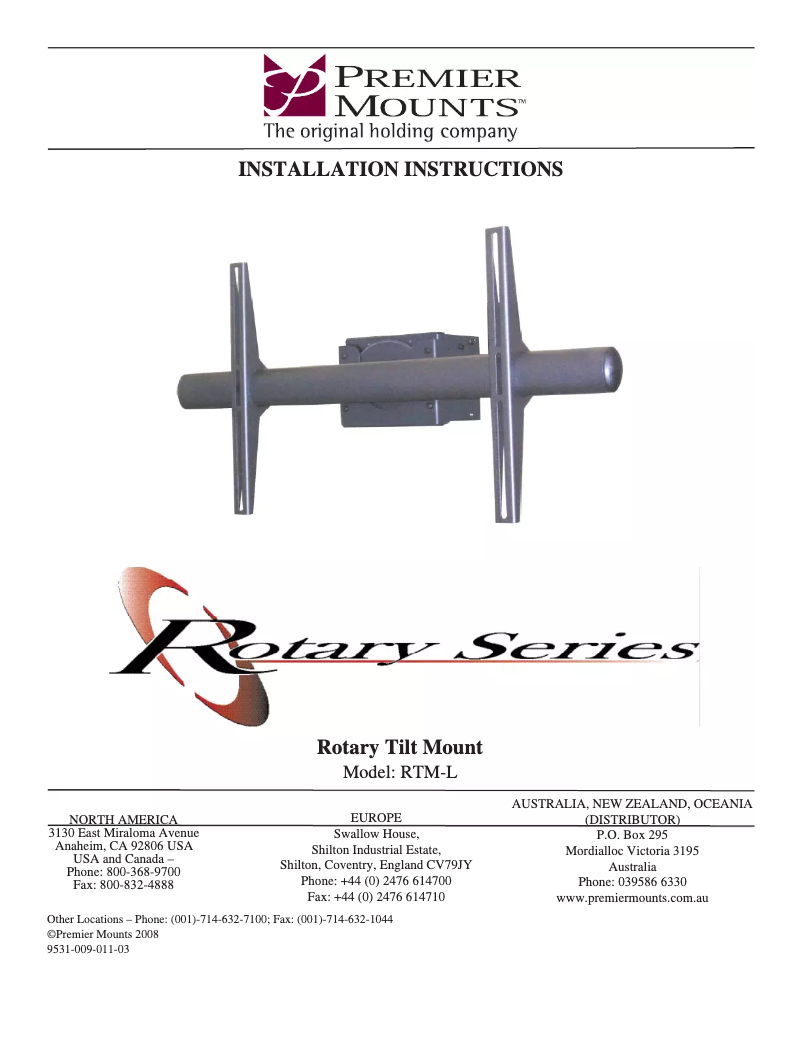 Page n°1 - Manuel utilisateur Premier Mounts RTM-L