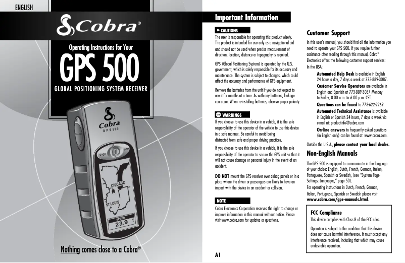 Page n°1 - Manuel utilisateur Cobra GPS 500