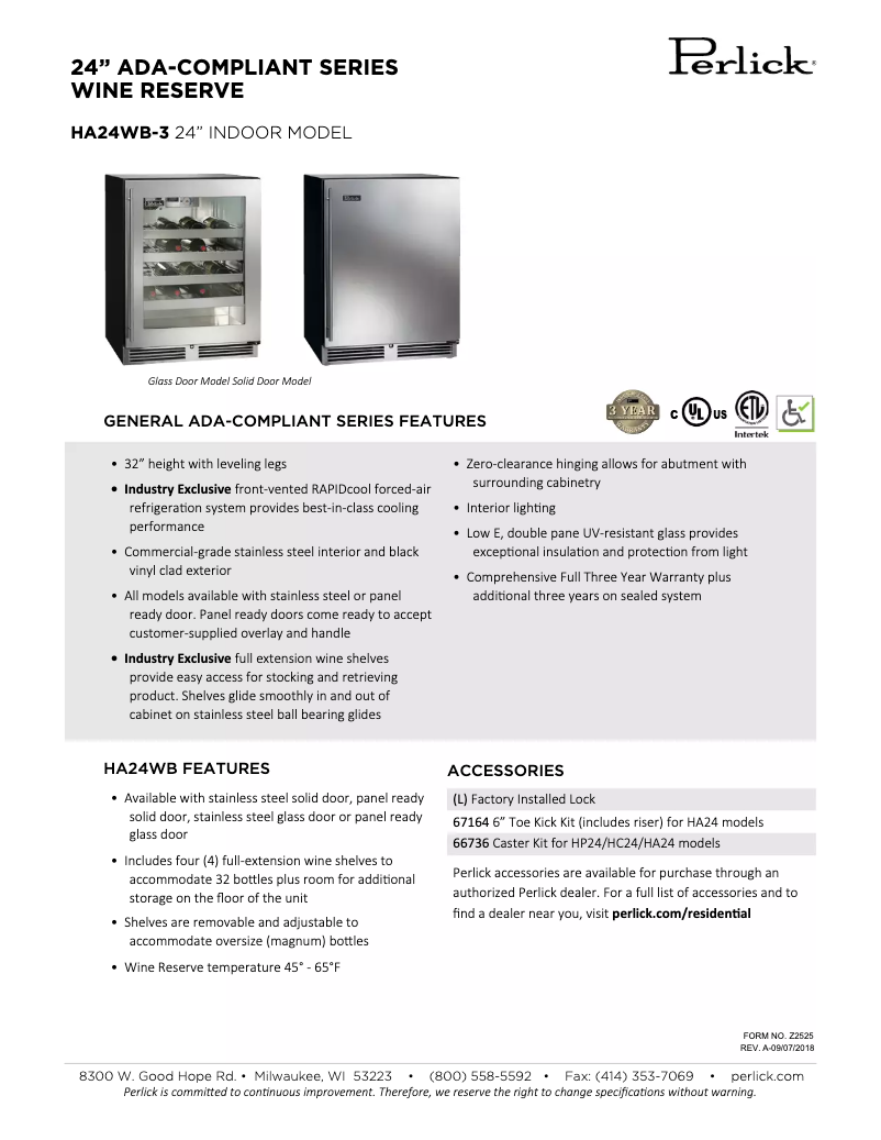 Page 1 de la notice Fiche technique Perlick HA24WB-3-3R