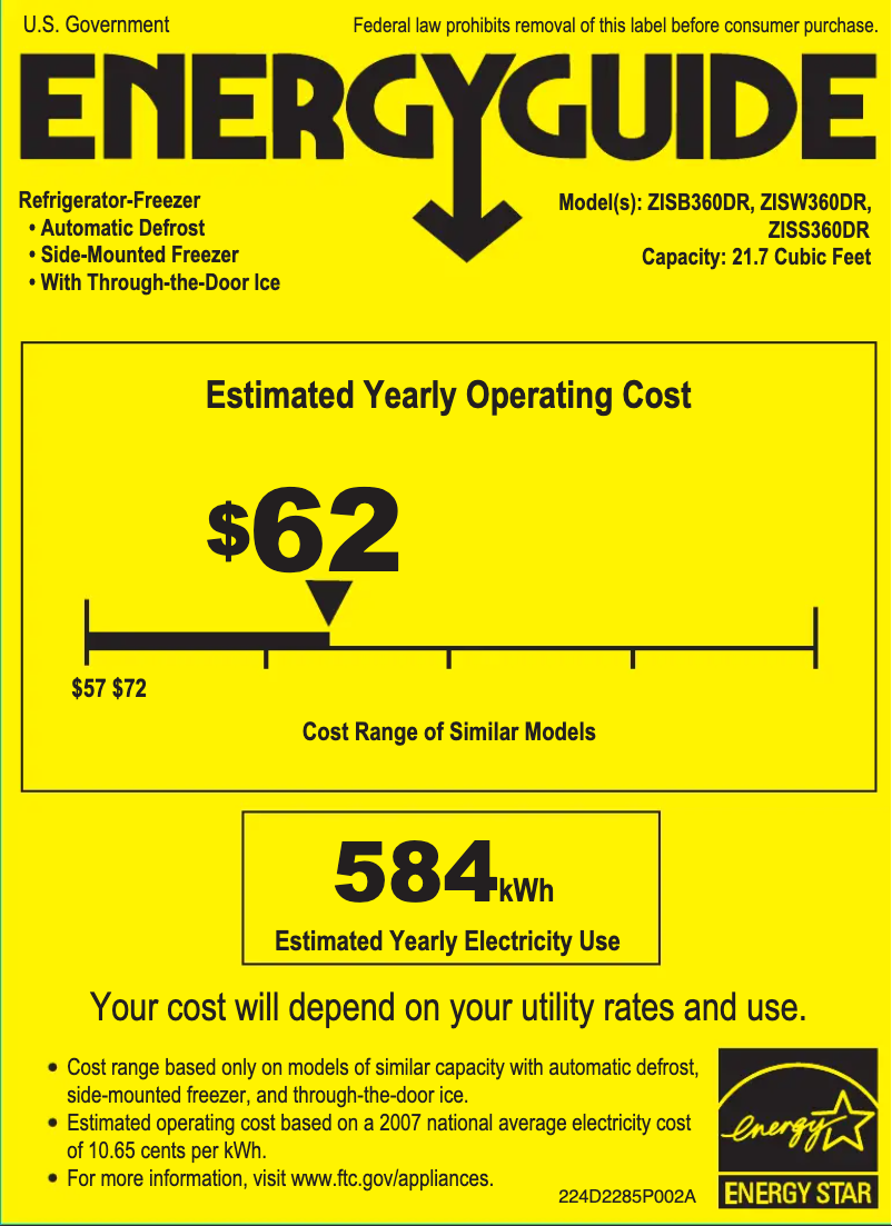 Page 1 de la notice Label énergétique GE ZISW360DR
