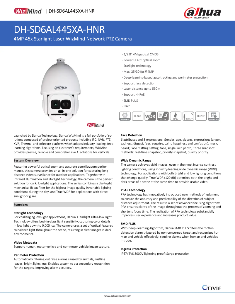 Page 1 de la notice Fiche technique Dahua Technology SD6AL445XA-HNR