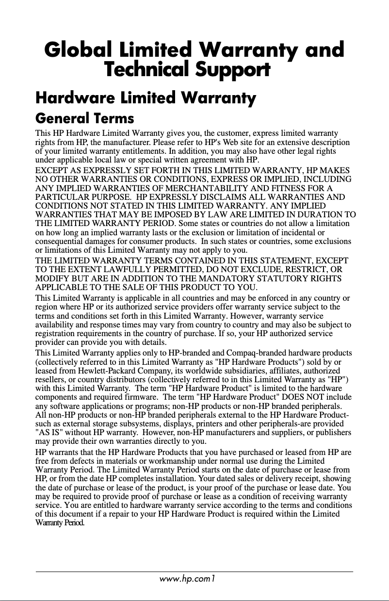 Page 1 de la notice Informations de garantie HP Compaq DC5100