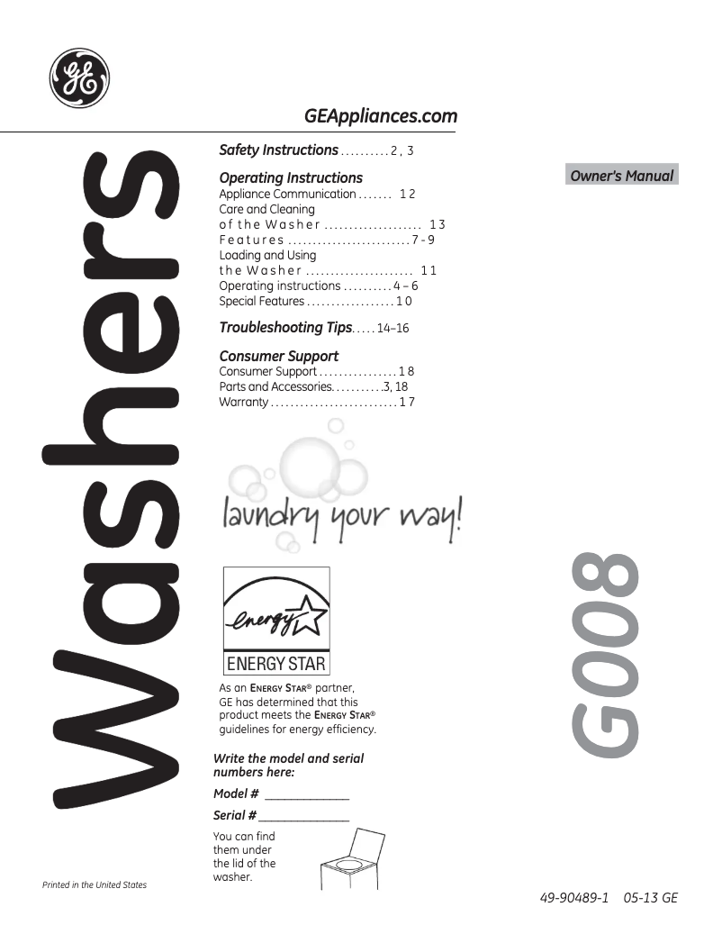 Page n°1 - Mode d'emploi GE GTWS8650DWS