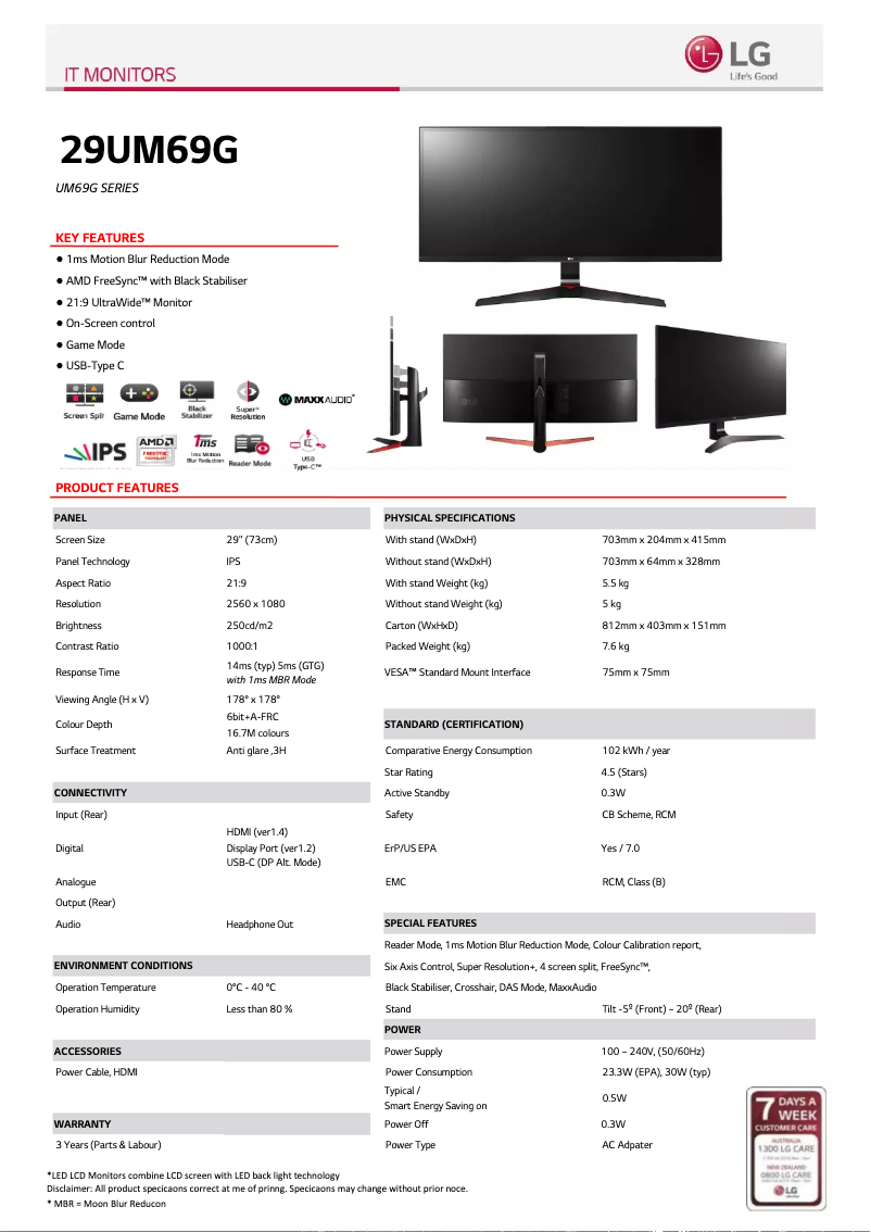 Página 1 del manual Ficha técnica LG 29UM69G-B