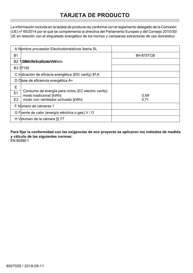 Page n°1 - Fiche technique Fagor 8H-875TCB
