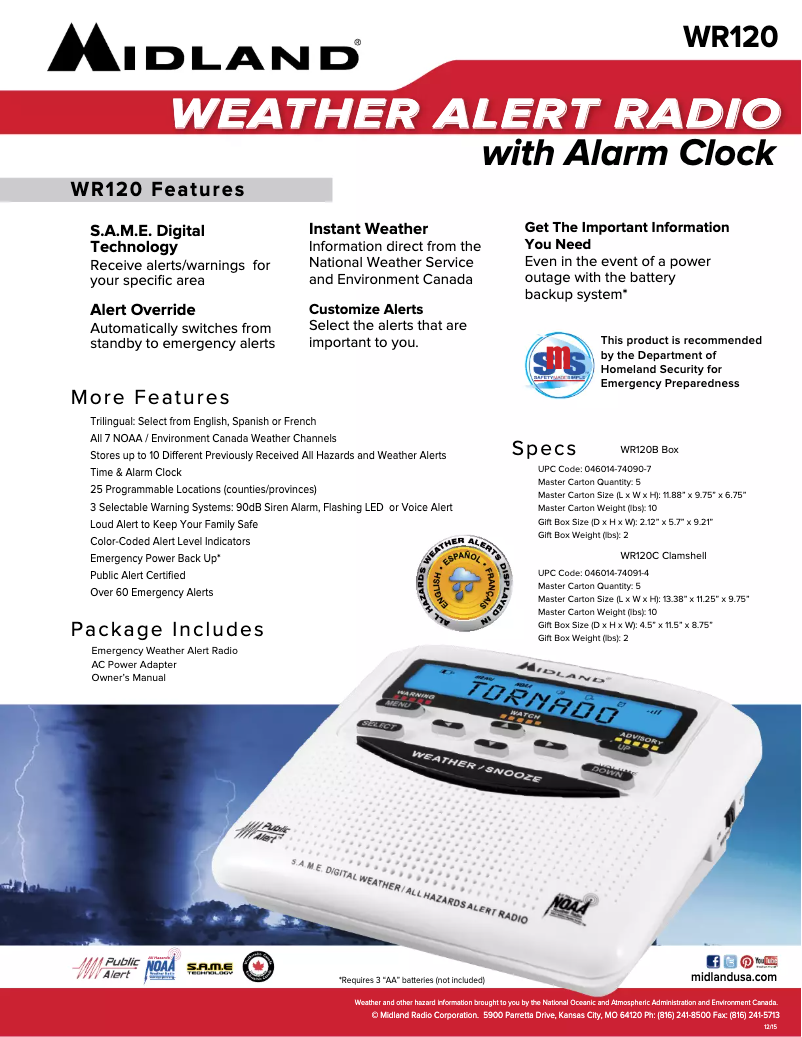 Page 1 de la notice Fiche technique Midland WR120B