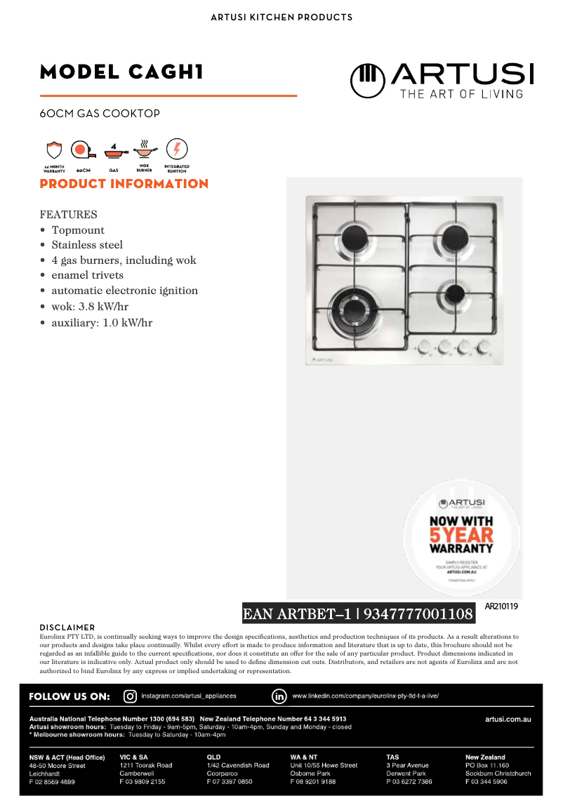 Página 1 del manual Ficha técnica Artusi CAGH1