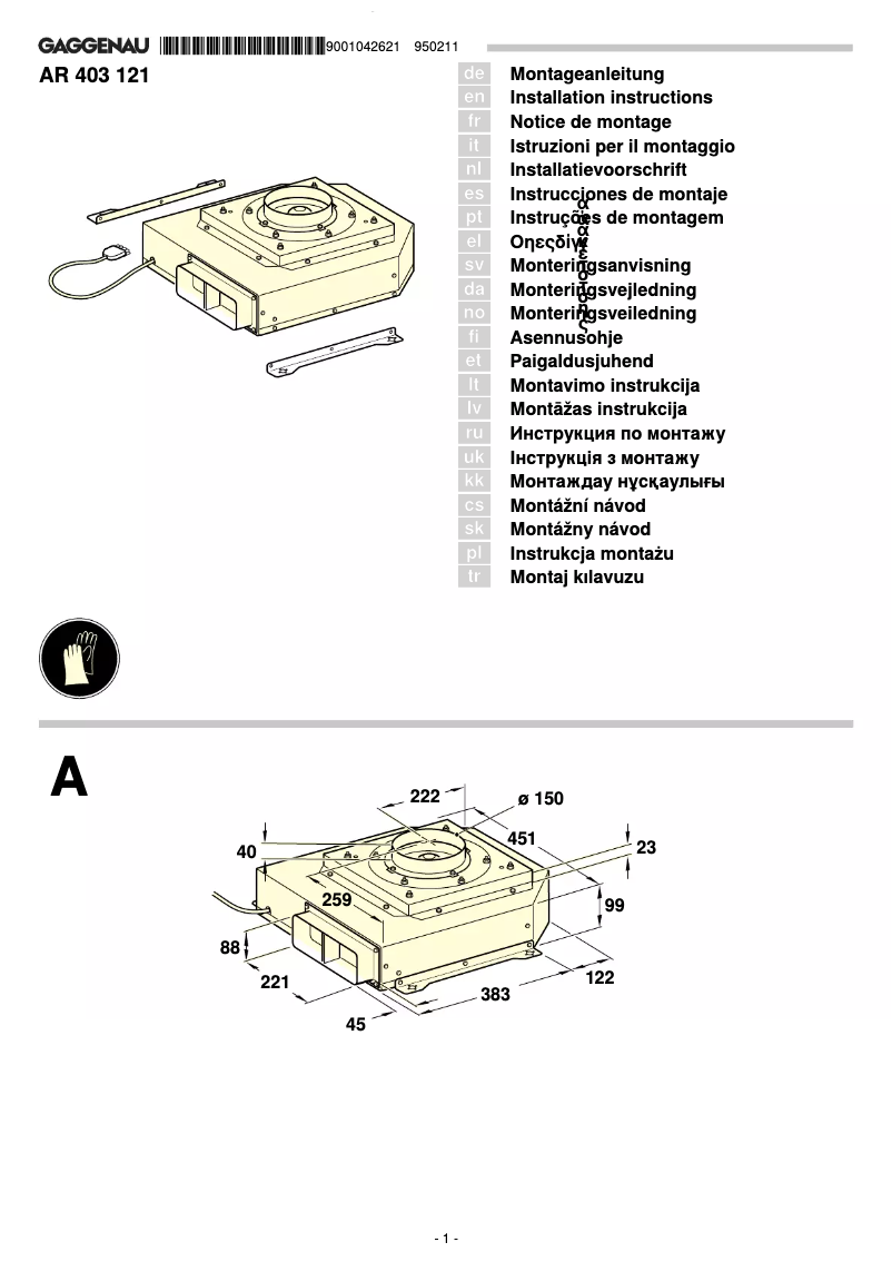 Page 1 de la notice Guide d'installation Gaggenau AR403121