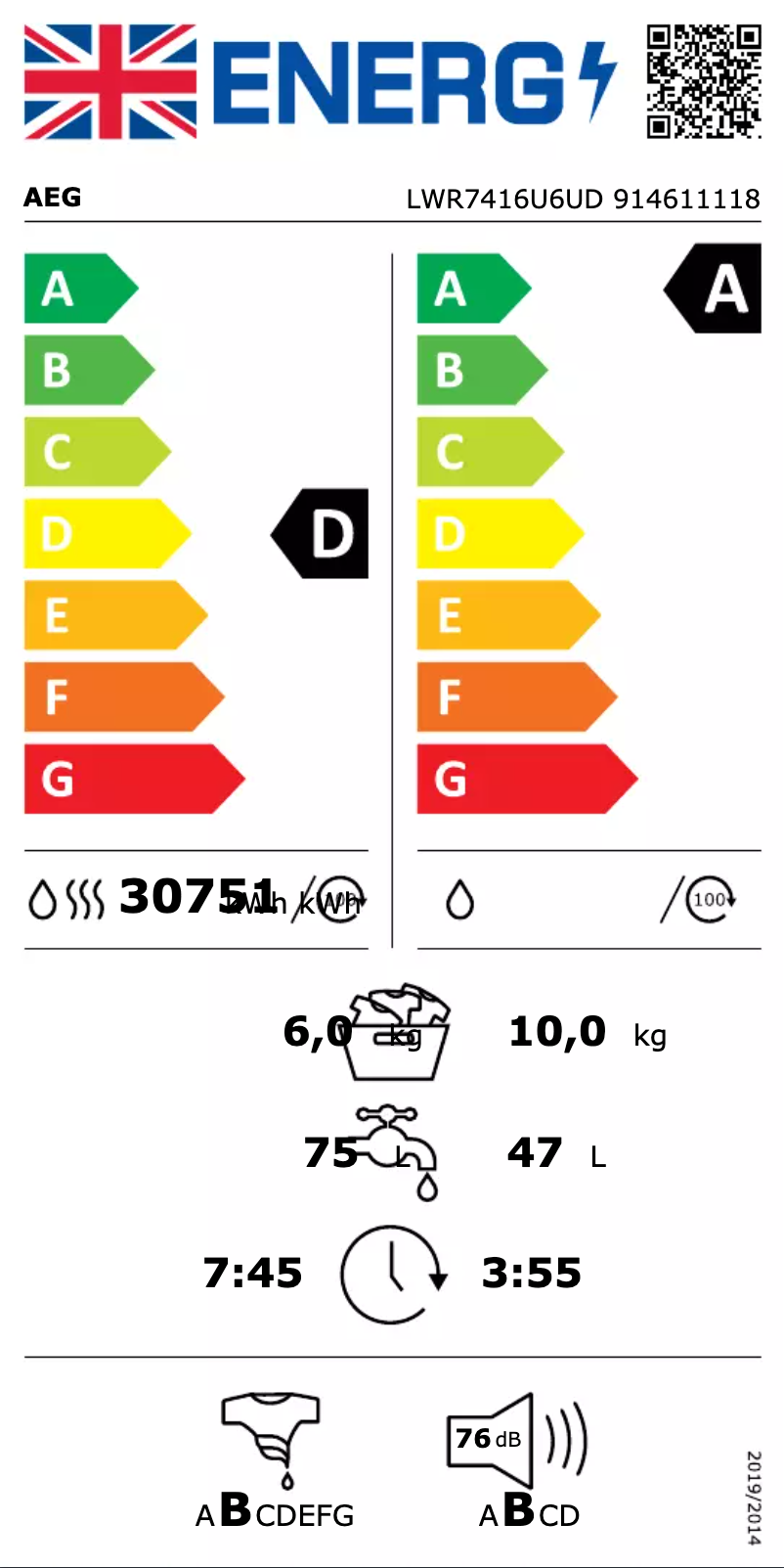 Page n°1 - Label énergétique AEG LWR7416U6UD