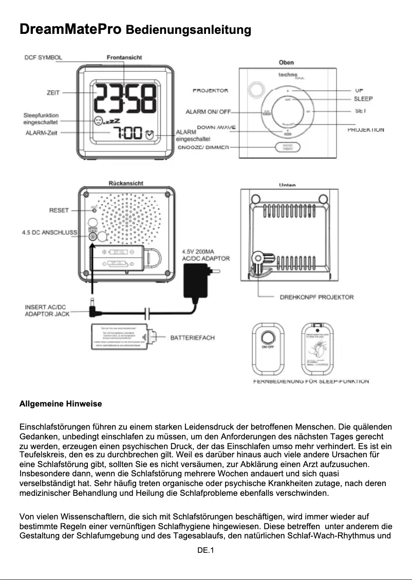 Page 1 de la notice Manuel utilisateur Techno Line Dream Mate Pro