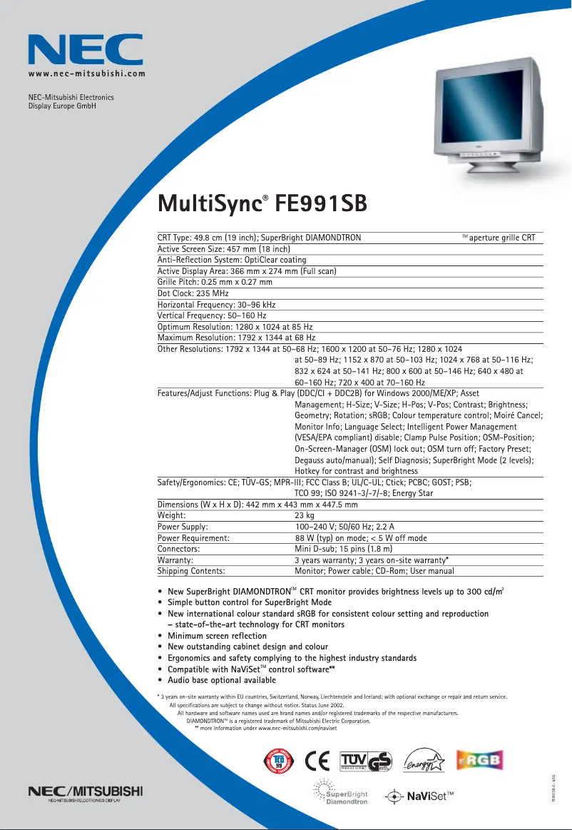Page 1 de la notice Fiche technique NEC MultiSync FE991SB