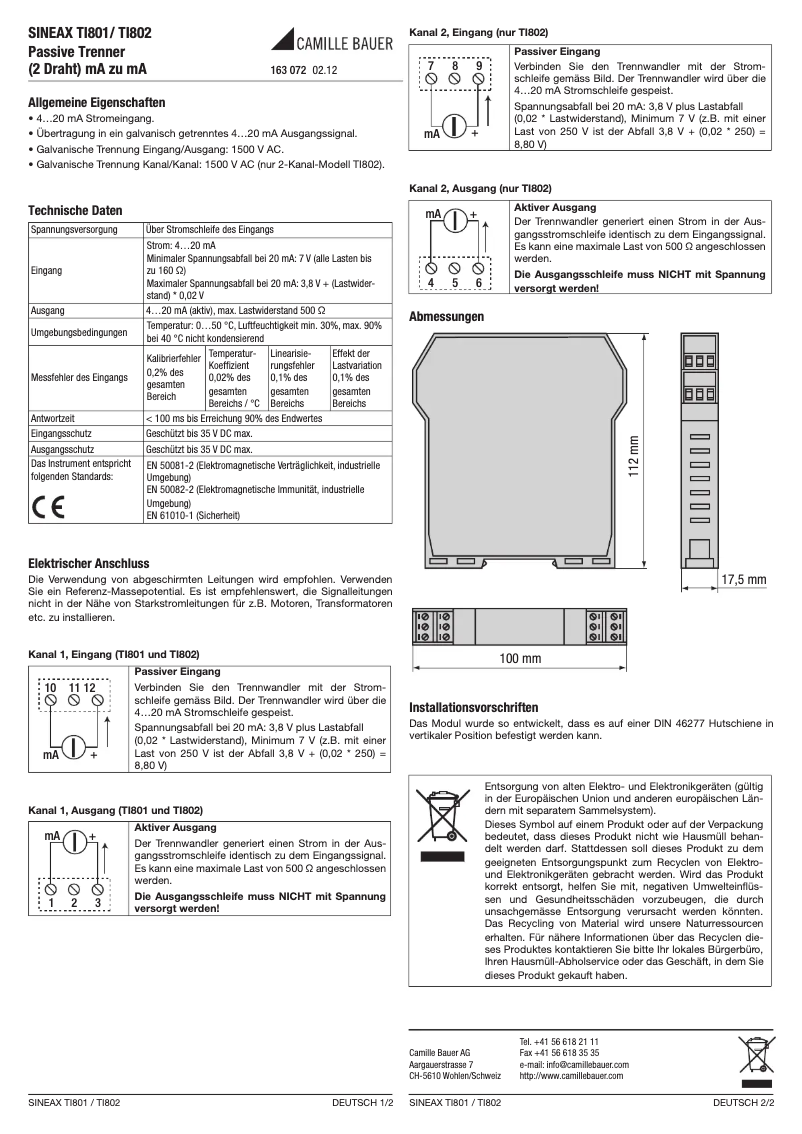 Page n°1 - Manuel utilisateur Camille Bauer Sineax TI802