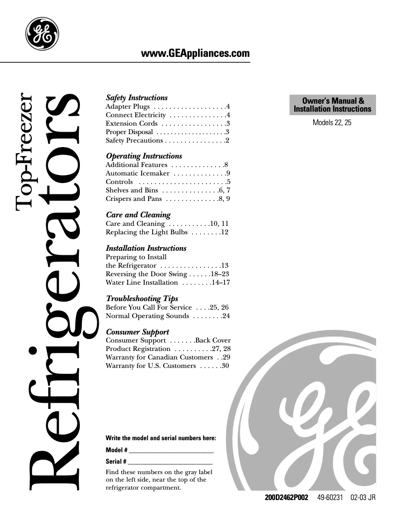 Page 1 de la notice Manuel utilisateur GE GTS22JCPWW