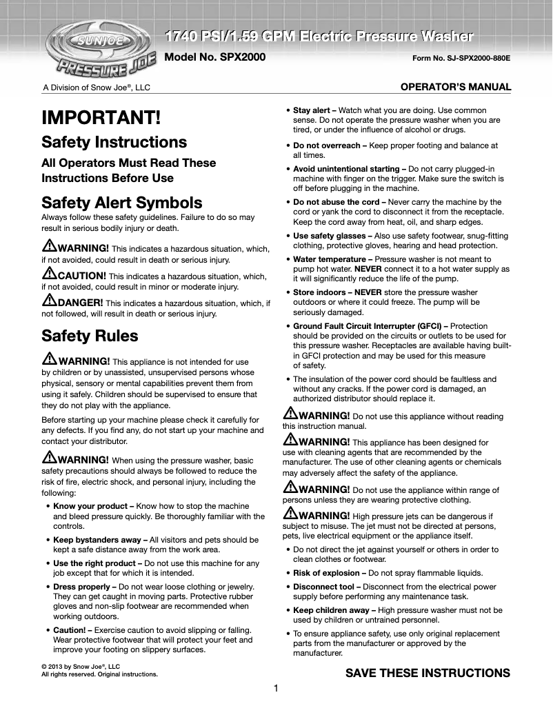 Page 1 de la notice Manuel utilisateur Snow Joe Pressure Joe SPX2000
